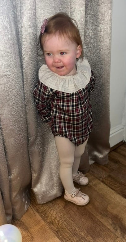 Calamaro Red Gingham Romper With Beige Frill Collar